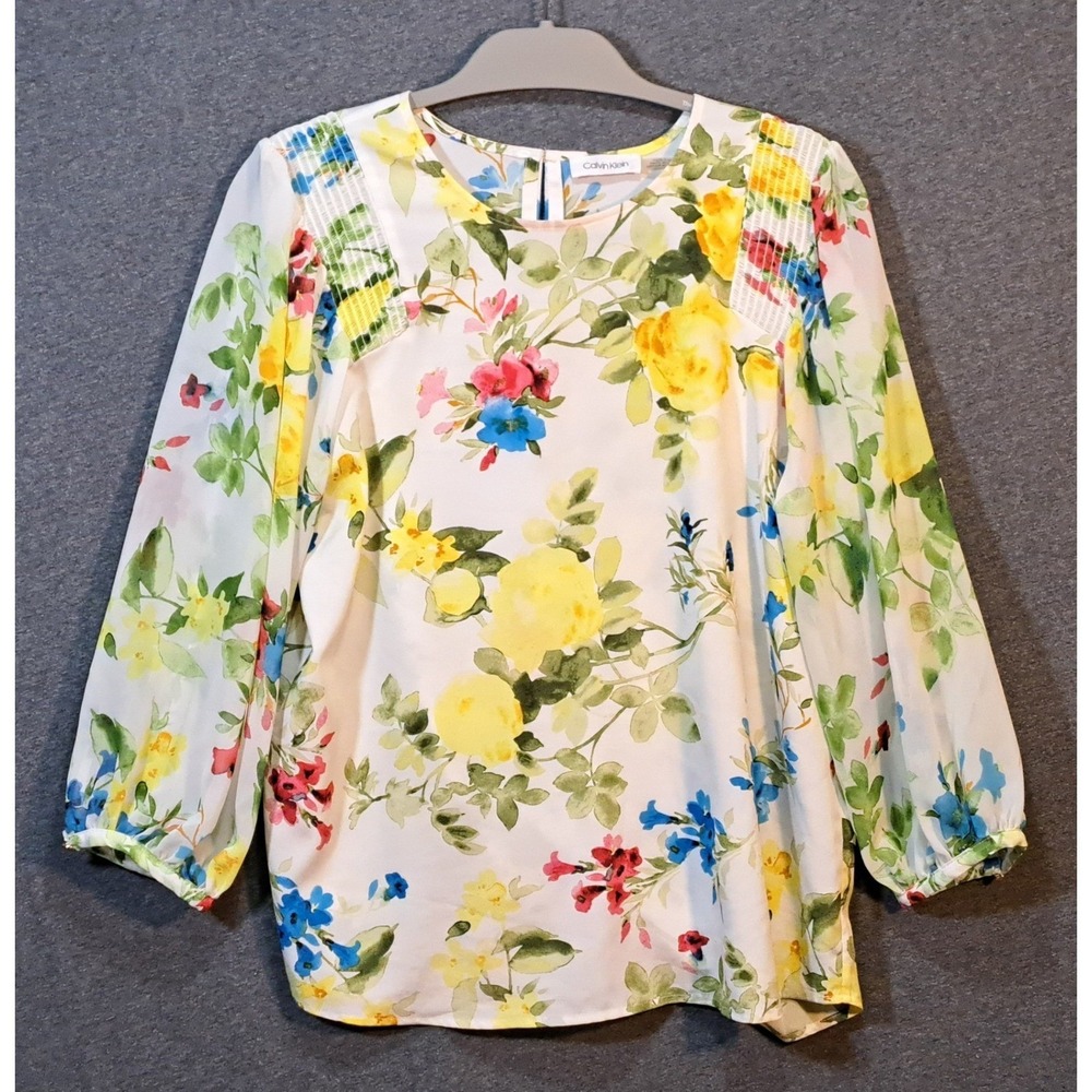 Calvin Klein Floral Print‎ Blouse Women's Size Medium White Blue Yellow Green